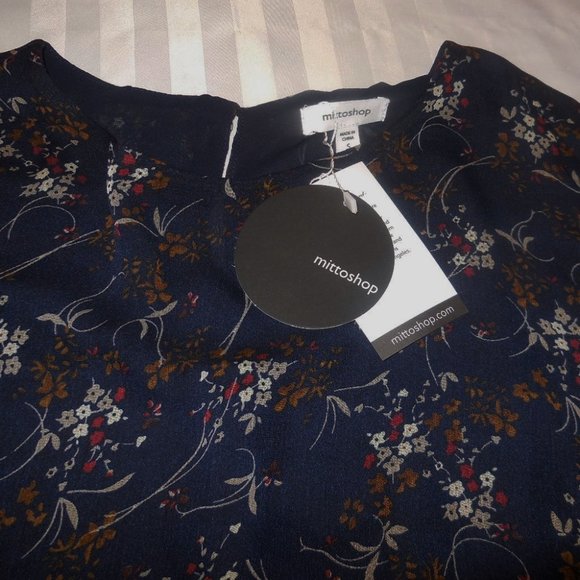 Blouse NWT SMALL Floral Chiffon Navy Blue ruffled sleeve tunic top careerwear - Picture 8 of 9